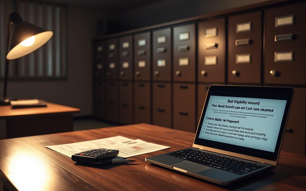 A Dimly Lit Office, With A Sturdy Wooden Desk And A Row Of Filing Cabinets In The Background. On The Desk, A Calculator, A Pen, And Several Documents Detailing Bail Amounts And Financial Considerations. The Lighting Casts A Warm, Contemplative Glow, Highlighting The Importance Of The Task At Hand. In The Foreground, A Laptop Screen Displays Information On Bail Eligibility, Bond Types, And Cost Factors. The Overall Atmosphere Conveys The Gravity And Complexity Of The Decision-Making Process Surrounding Bail.