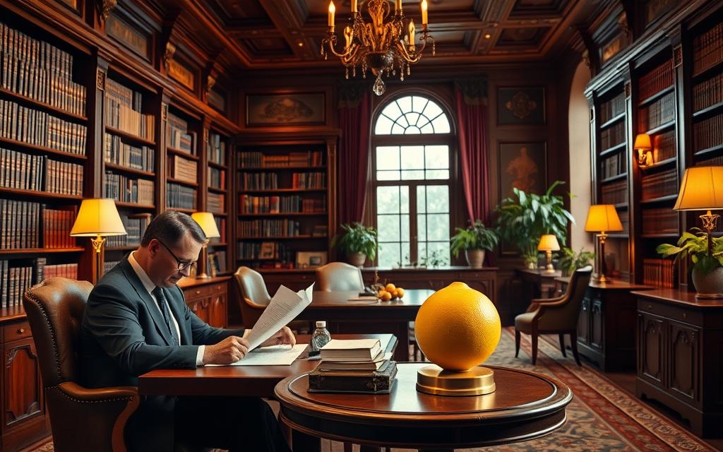 A Law Office Interior With Intricate Details And Warm Lighting. In The Foreground, A Businessman In A Suit Sits At A Desk, Studying Legal Documents Intently. Bookshelves Line The Walls, Filled With Leather-Bound Volumes. The Middle Ground Showcases A Lemon-Shaped Sculpture On A Side Table, Symbolizing The Lemon Law Claim. Elegant Furniture, Potted Plants, And A Large Window In The Background Create A Professional And Inviting Atmosphere. The Overall Scene Conveys A Sense Of Legal Expertise And Diligent Representation. A Law Office Interior With Intricate Details And Warm Lighting. In The Foreground, A Businessman In A Suit Sits At A Desk, Studying Legal Documents Intently. Bookshelves Line The Walls, Filled With Leather-Bound Volumes. The Middle Ground Showcases A Lemon-Shaped Sculpture On A Side Table, Symbolizing The Lemon Law Claim. Elegant Furniture, Potted Plants, And A Large Window In The Background Create A Professional And Inviting Atmosphere. The Overall Scene Conveys A Sense Of Legal Expertise And Diligent Representation.