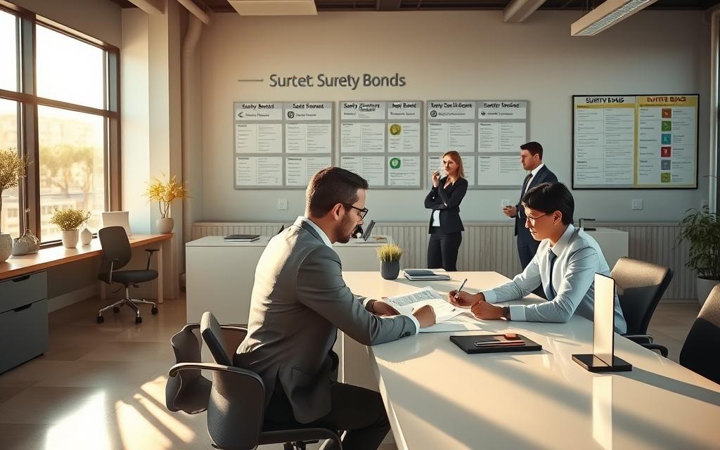 A Modern, Well-Equipped Surety Bond Company Office, Bathed In Warm, Natural Lighting Streaming Through Large Windows. In The Foreground, A Professional Agent Sits At A Sleek, Minimalist Desk, Carefully Reviewing Documents And Discussing The Surety Bond Process With A Client. In The Middle Ground, Other Agents Provide Assistance, Guiding Customers Through The Paperwork And Answering Questions. The Background Showcases A Neatly Organized Filing System And A Board Displaying The Various Types Of Surety Bonds Available, Creating A Sense Of Authority And Expertise. The Overall Atmosphere Conveys A Sense Of Trust, Reliability, And Efficiency, Reflecting The Pivotal Role Of Surety Bonds In The Bail Bond Industry.