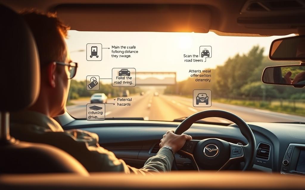 A Well-Lit, Cinematic Scene Depicting The Benefits Of Defensive Driving. In The Foreground, A Driver Behind The Wheel Of A Modern Sedan, Eyes Focused And Hands Gripping The Steering Wheel With Determination. The Middle Ground Showcases Various Defensive Driving Techniques, Such As Maintaining A Safe Following Distance, Scanning The Road Ahead, And Anticipating Potential Hazards. In The Background, A Serene Highway Landscape With Clear Skies And Lush Greenery, Conveying A Sense Of Safety And Control. The Lighting Is Warm And Natural, Creating A Calming Yet Impactful Atmosphere That Emphasizes The Importance Of Responsible And Attentive Driving.