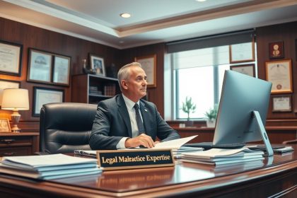 A Modern, Well-Lit Law Office Interior With A Large Mahogany Desk And A Distinguished-Looking Lawyer Seated Behind It, Deep In Thought. On The Desk, There Are Stacks Of Legal Documents, A Computer, And A Nameplate That Reads &Quot;Legal Malpractice Expertise&Quot;. The Walls Are Adorned With Diplomas, Awards, And Framed Legal Certificates, Conveying A Sense Of Authority And Expertise. The Lighting Is Warm And Focused, Creating A Professional And Authoritative Atmosphere. The Lawyer Is Dressed In A Sharp, Tailored Suit, Exuding Confidence And Competence. The Overall Scene Suggests A Seasoned Legal Professional Dedicated To Handling Complex Malpractice Cases.