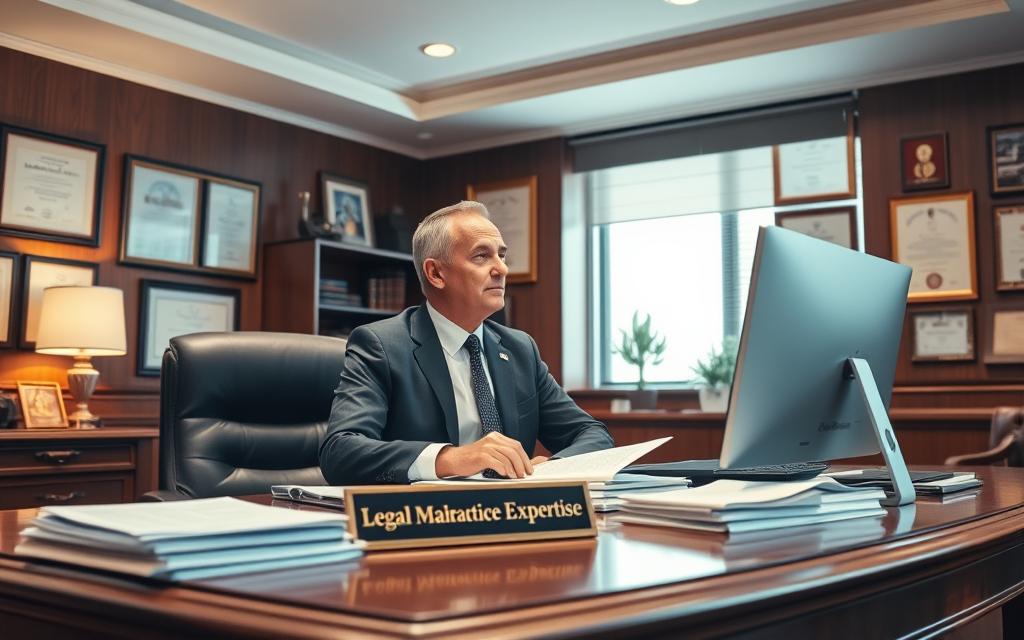 A Modern, Well-Lit Law Office Interior With A Large Mahogany Desk And A Distinguished-Looking Lawyer Seated Behind It, Deep In Thought. On The Desk, There Are Stacks Of Legal Documents, A Computer, And A Nameplate That Reads &Quot;Legal Malpractice Expertise&Quot;. The Walls Are Adorned With Diplomas, Awards, And Framed Legal Certificates, Conveying A Sense Of Authority And Expertise. The Lighting Is Warm And Focused, Creating A Professional And Authoritative Atmosphere. The Lawyer Is Dressed In A Sharp, Tailored Suit, Exuding Confidence And Competence. The Overall Scene Suggests A Seasoned Legal Professional Dedicated To Handling Complex Malpractice Cases.
