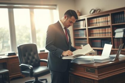 A Professional Law Office Interior, Sunlight Streaming Through Large Windows, Illuminating A Wooden Desk And Leather Chair. On The Desk, Neatly Organized Documents, A Laptop, And A Brass Nameplate. In The Foreground, A Person In A Suit Standing, Examining Case Files Intently. Behind Them, A Bookshelf Lined With Legal Tomes. The Atmosphere Is One Of Focused Concentration, The Process Of Building A Legal Malpractice Case Unfolding Methodically. A Sense Of Determination And Attention To Detail Pervades The Scene.