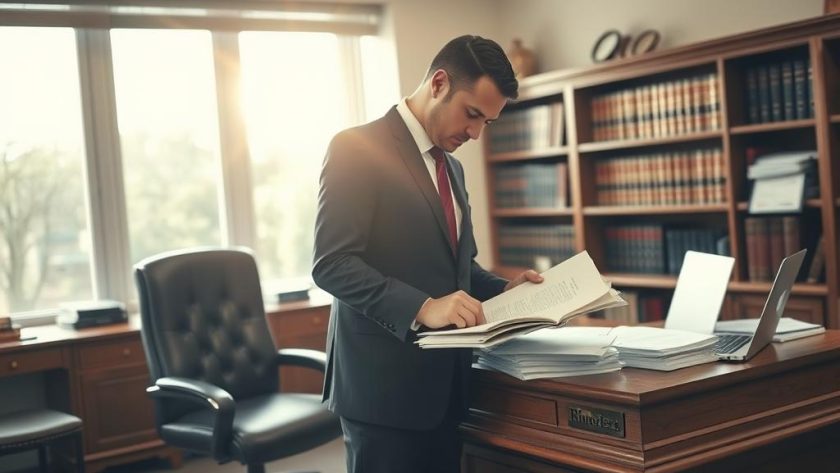 A Professional Law Office Interior, Sunlight Streaming Through Large Windows, Illuminating A Wooden Desk And Leather Chair. On The Desk, Neatly Organized Documents, A Laptop, And A Brass Nameplate. In The Foreground, A Person In A Suit Standing, Examining Case Files Intently. Behind Them, A Bookshelf Lined With Legal Tomes. The Atmosphere Is One Of Focused Concentration, The Process Of Building A Legal Malpractice Case Unfolding Methodically. A Sense Of Determination And Attention To Detail Pervades The Scene.