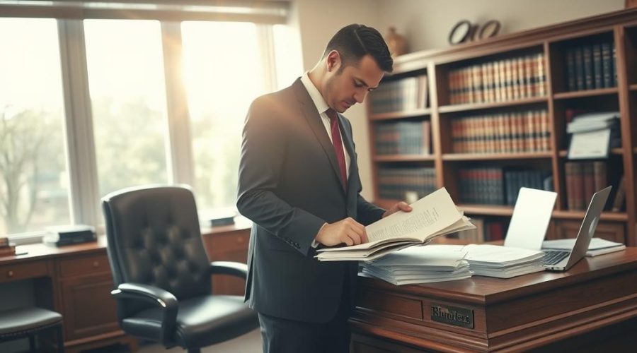 A Professional Law Office Interior, Sunlight Streaming Through Large Windows, Illuminating A Wooden Desk And Leather Chair. On The Desk, Neatly Organized Documents, A Laptop, And A Brass Nameplate. In The Foreground, A Person In A Suit Standing, Examining Case Files Intently. Behind Them, A Bookshelf Lined With Legal Tomes. The Atmosphere Is One Of Focused Concentration, The Process Of Building A Legal Malpractice Case Unfolding Methodically. A Sense Of Determination And Attention To Detail Pervades The Scene.