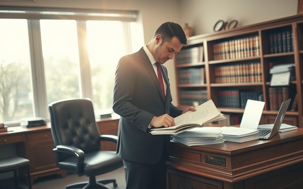 A Professional Law Office Interior, Sunlight Streaming Through Large Windows, Illuminating A Wooden Desk And Leather Chair. On The Desk, Neatly Organized Documents, A Laptop, And A Brass Nameplate. In The Foreground, A Person In A Suit Standing, Examining Case Files Intently. Behind Them, A Bookshelf Lined With Legal Tomes. The Atmosphere Is One Of Focused Concentration, The Process Of Building A Legal Malpractice Case Unfolding Methodically. A Sense Of Determination And Attention To Detail Pervades The Scene.